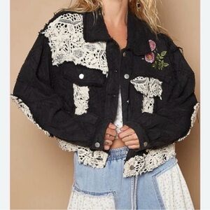 POL Black Jean Jacket with Cream Lace Accents